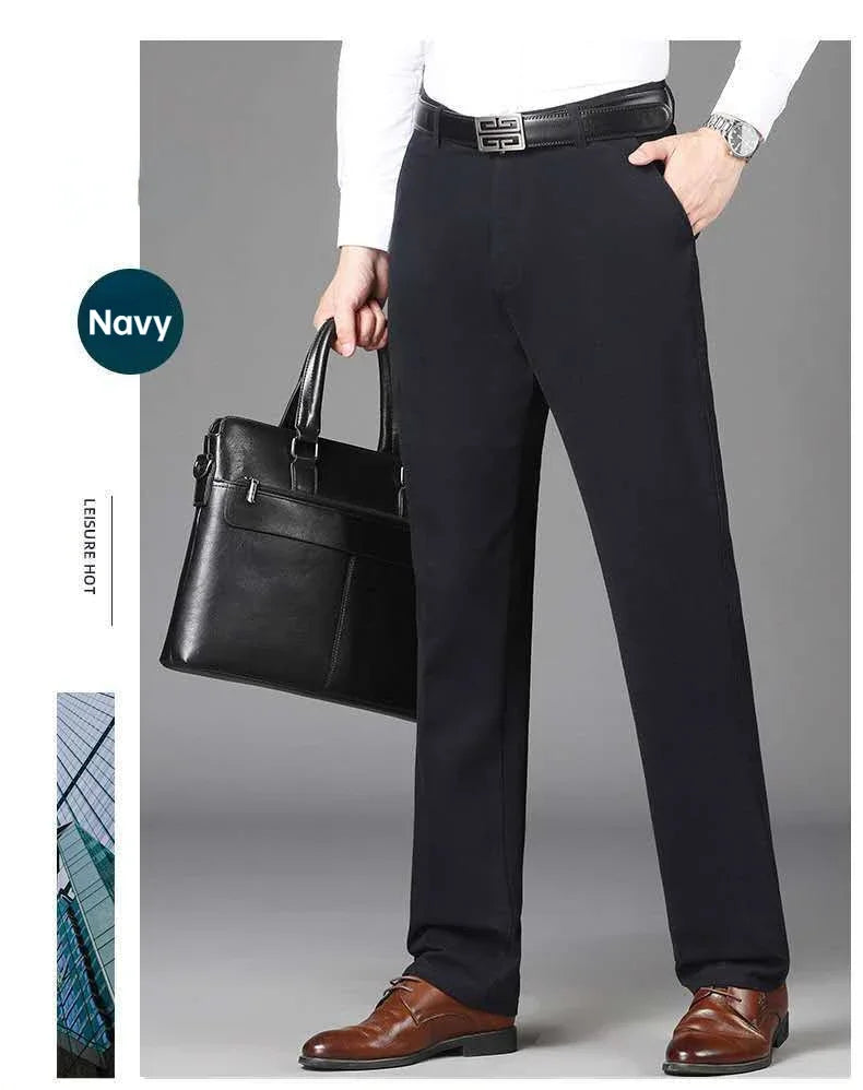 Summer Thin Autumn Thick 100% Cotton Straight Suit Pants Men's Loose Trousers Business Solid Green Casual Brand Clothes GOZBKF