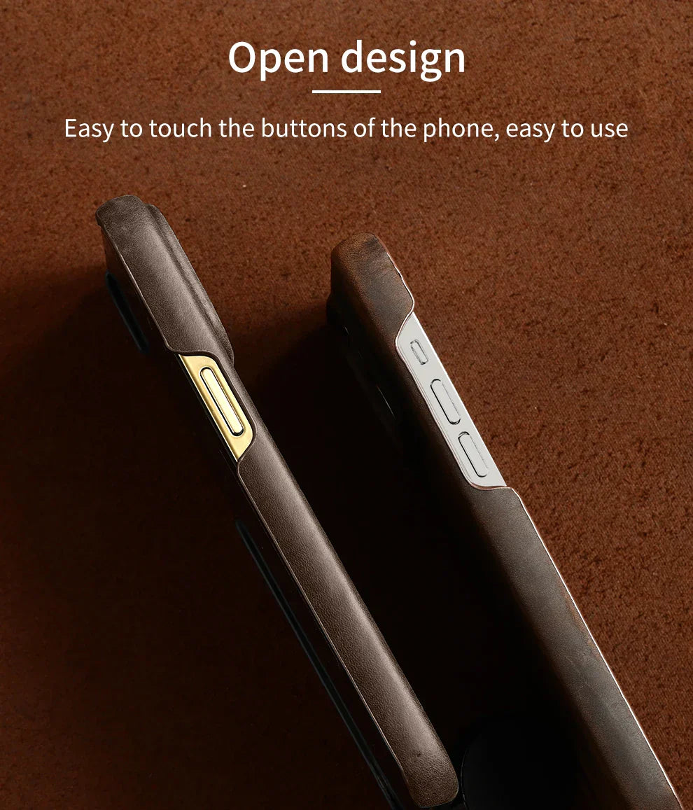 Magsafe Case for iPhone 15 16 17 Pro Max Air Retro Luxury Full Grain Cowhide Genuine Oiled PULL-UP Leather Magnetic Cover