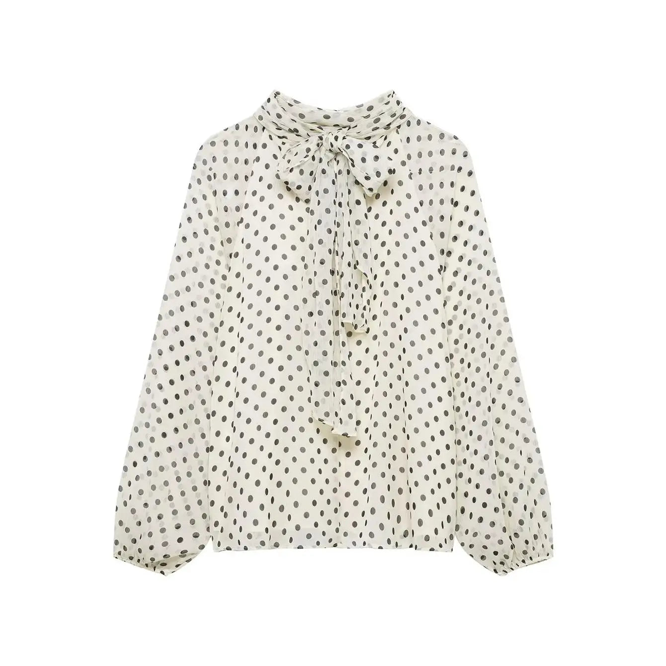 New Women Bow Collar Blouse Vintage Polka Dot Printed Loose Tops Fashion Elegant Spring Long Sleeve Commuting Shirts