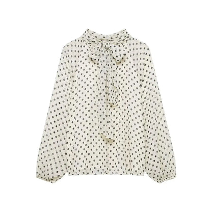 New Women Bow Collar Blouse Vintage Polka Dot Printed Loose Tops Fashion Elegant Spring Long Sleeve Commuting Shirts