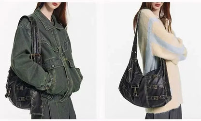 American Retro Punk Pu Leather Handbag Metal Button Shoulder Bags Tote Woman Bag Large Capacity Commuting Storage Bag Purse