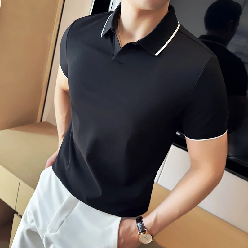 Business Casual Solid Color Men's Polo Shirt, 2024 Summer Classic, Men Short Sleeve V-neck T-shirt, Slim Fit Spliced Polo 4XL-M