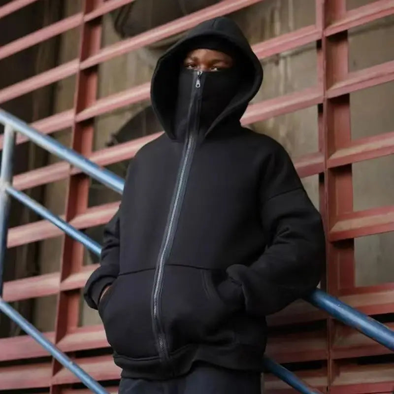 Unisex Hoodie Warm Loose Hooded Jacket Zip-up Casual Jacket with Face Mask for Autumn Winter Outdoor Sports Streetwear