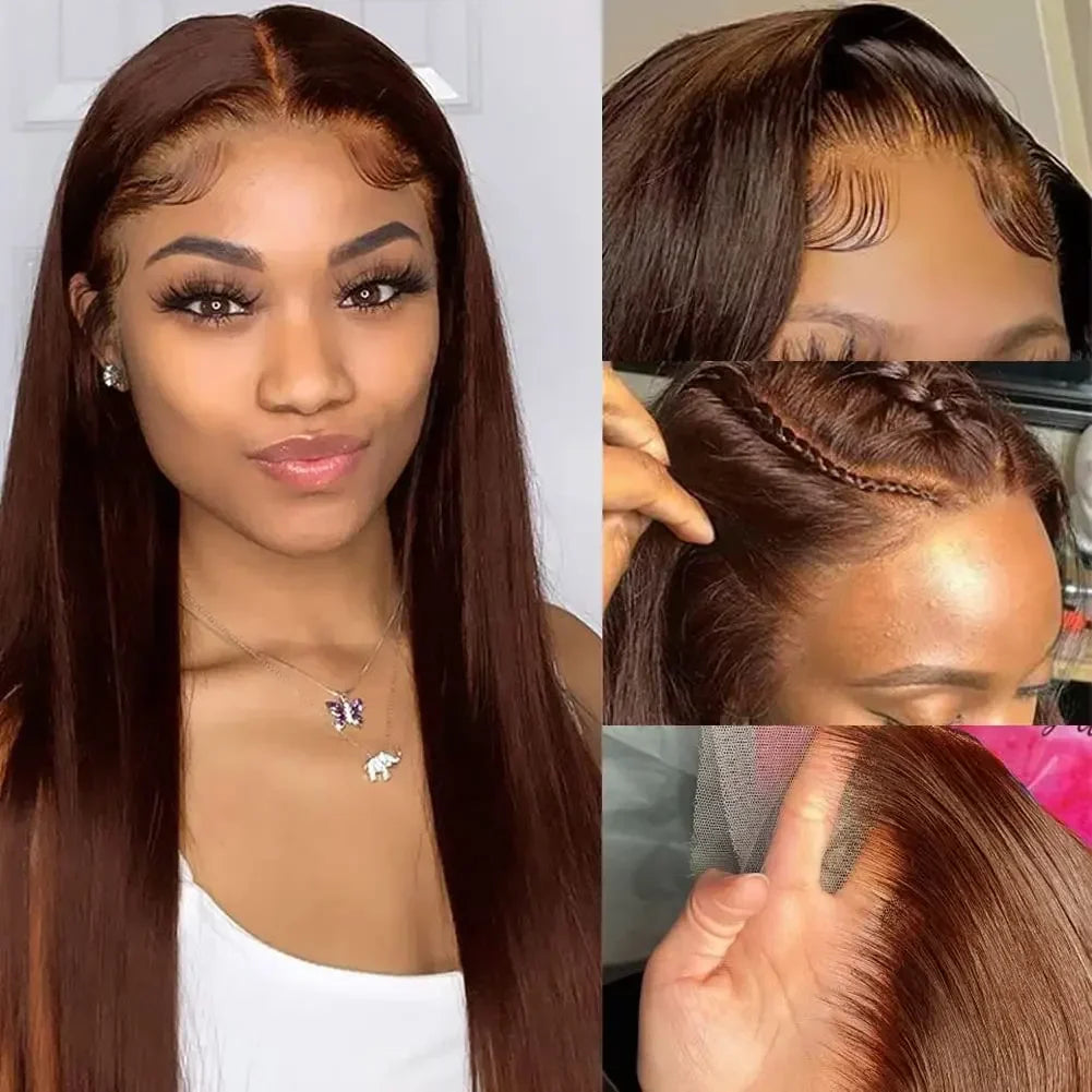 30 36 Inch Chocolate Brown 13x4 Straight Human Hair Lace Front Wig Brazilian Colored 13X6 Transparent Lace Frontal Wig For Women