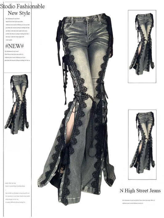 Low Rise Split Bootcut Pants Women Spring Eyelets Lace Up Flare Jeans Retro Stitch Lace Slim Bell Bottoms Streetwear