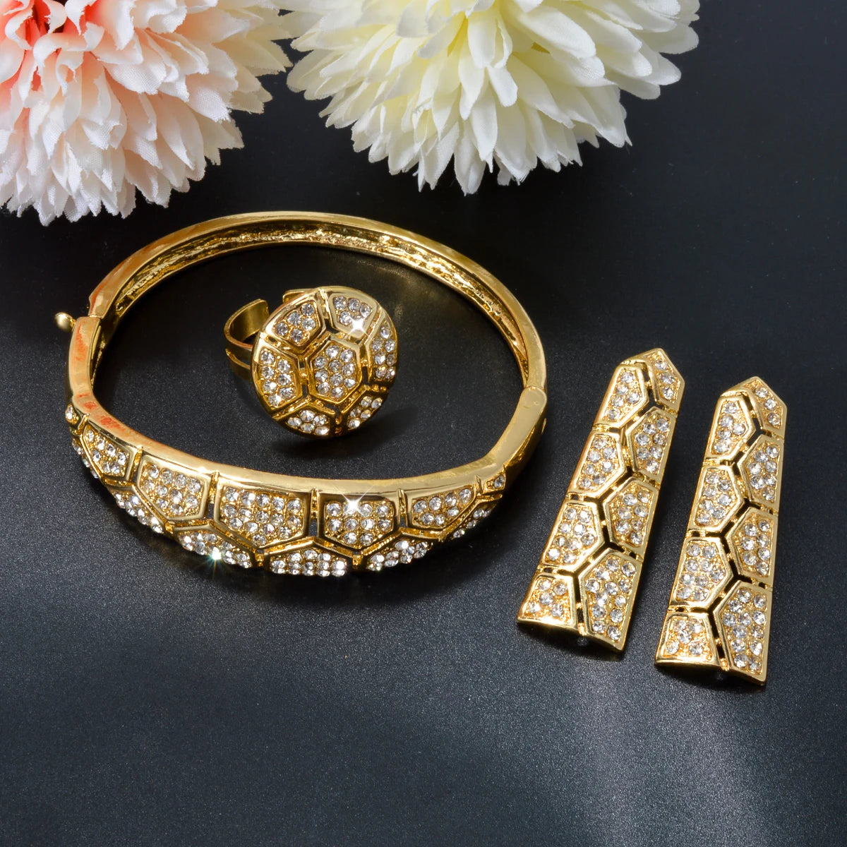 Sunny Jewelry Bridal Wedding Set Acorite Zircon Classic Gold Plated Earrings Necklace Bracelet Ring For Women Gift Anniversary