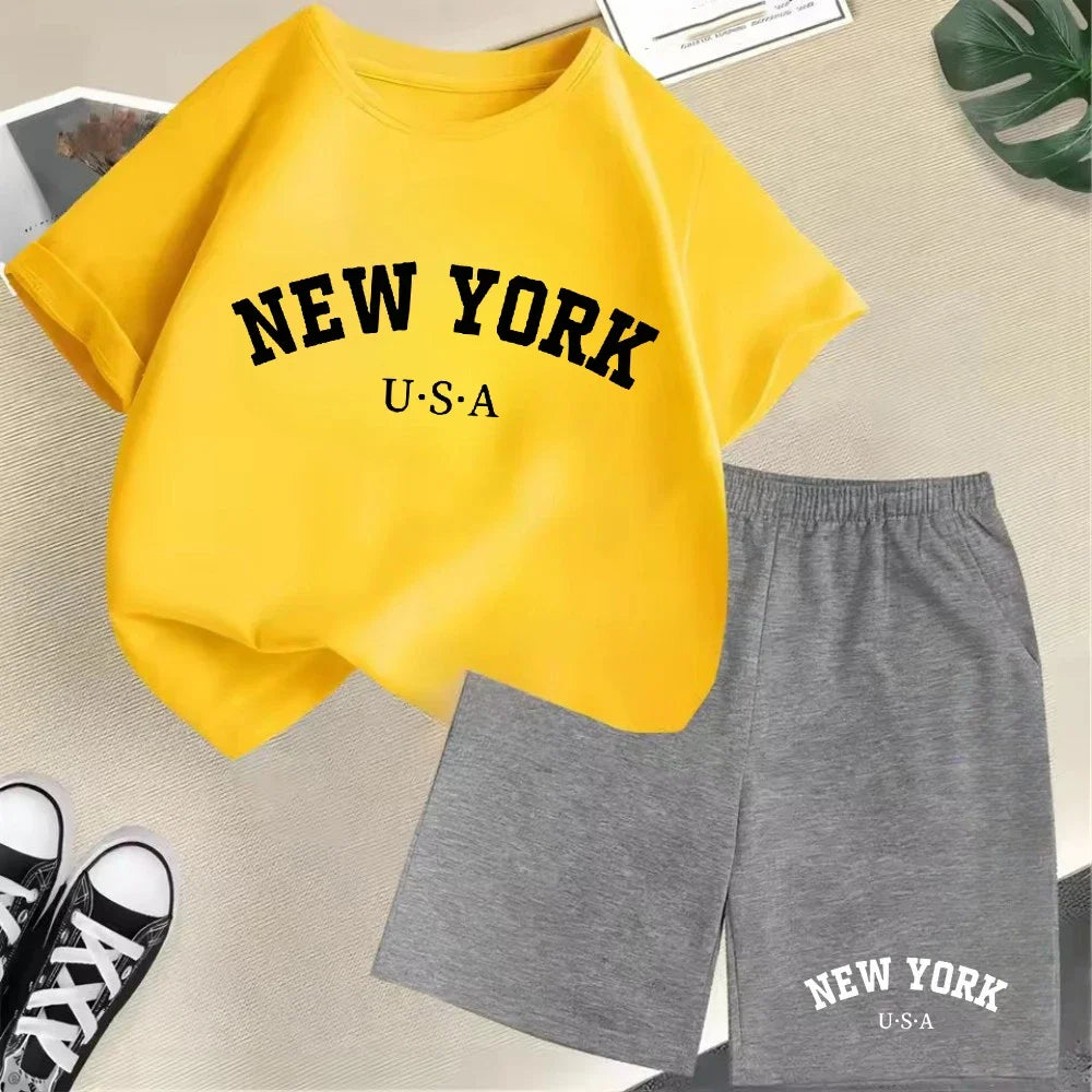 Summer Short Sleeve New York USA Letter Graphic Kid Tshirt +shorts 2pcs Set Baby Boy Girl Clothes Sport Cotton Children Outfit