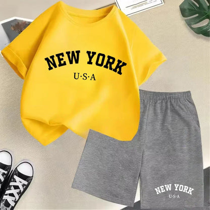 Summer Short Sleeve New York USA Letter Graphic Kid Tshirt +shorts 2pcs Set Baby Boy Girl Clothes Sport Cotton Children Outfit