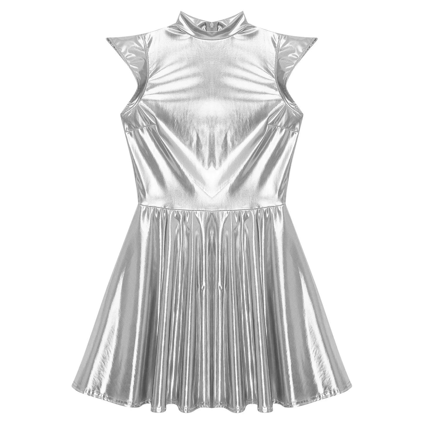 Womens Cocktail Dress Shiny Metallic Dress Alien Space Cap Sleeve High Waist A-line Dress for Halloween Party High Street Dress