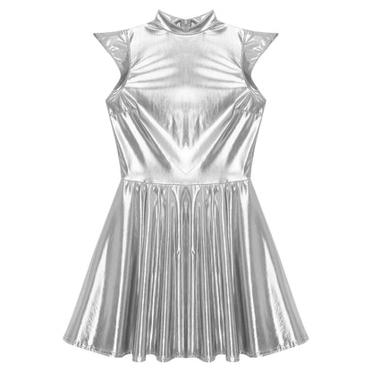 Womens Cocktail Dress Shiny Metallic Dress Alien Space Cap Sleeve High Waist A-line Dress for Halloween Party High Street Dress
