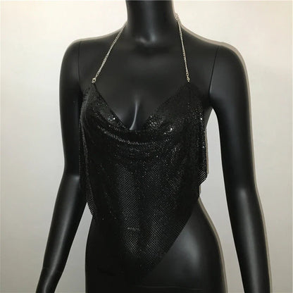 Shiny Metal Sequins Tank Tops For Women Sexy Backless V Neck Adjustable Chain Crop Top Lady Festival Rave Party Club Camisole