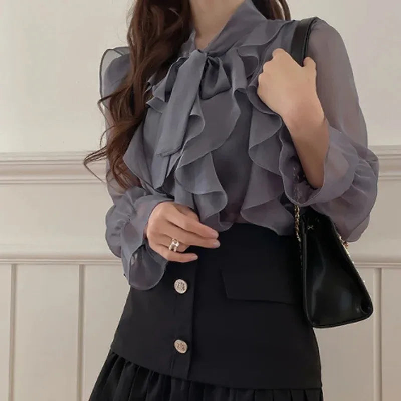 2024 Spring Chiffon Blouse Fashion Office Lady Tops Sweet Bow Shirt Women Casual Long Sleeve Female Clothing Blusas Mujer 13864