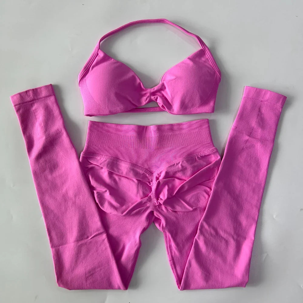 2 Pieces Set For Woman Strappy Yoga Bra Sports Top Workout Leggings Set Seamless Gym Set Fitness Clothes Outfit Activewear