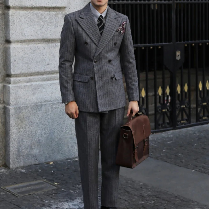New Thick Style Stripes Herringbone Pattern Men's 2-Piece Suit Double-Breasted Slim Fit Jacket Trousers Vintage Braze Suit