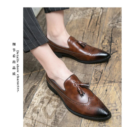 Pointed Toe Brogues Shoes Men Classic Casual Business Leather Shoes For Men Formal Social Party Leather Tassel Loafers Male