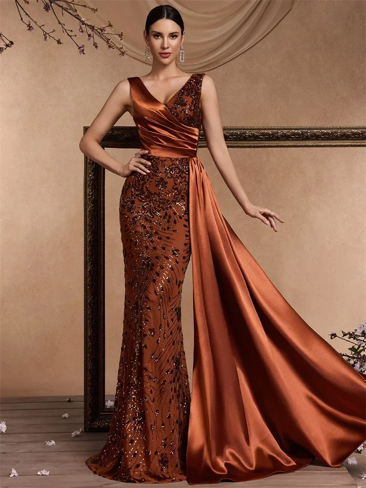 Elegant V-neck Splice Ribbons Sequins Evening Dresses Woman Sleeveless Mermaid Formal Luxury Wedding Party Prom