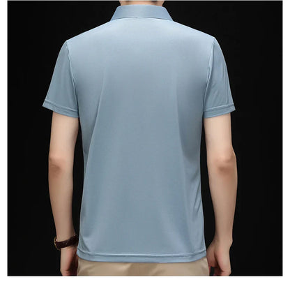 High quality brand solid color V-neck short sleeve polo shirt men summer fashion simple casual ice silk breathable lapel T-shirt