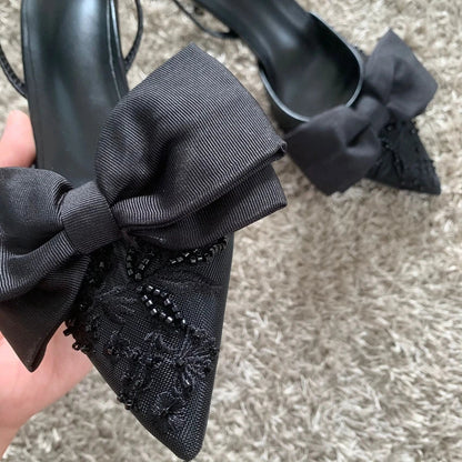New Designer Thin High Heels Women Bow String Bead Pointed Slingback Mules Pumps Mesh Embroider Elegant Dress Sandals Female