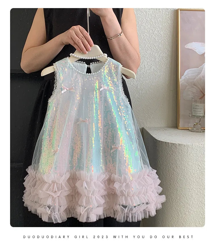 Kids Girls Fairy Princess Dress Sleeveless Bow Sequined Cake Dress Children Puffy Skirt Birthday Party Vest Tulle Dresses