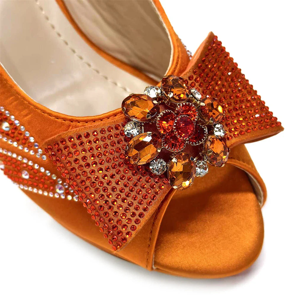 Italian Shoes and Bags Matching Set for Women Bow Rhinestones Peep Toe High Heels Purple Color Nigerian Party 2024