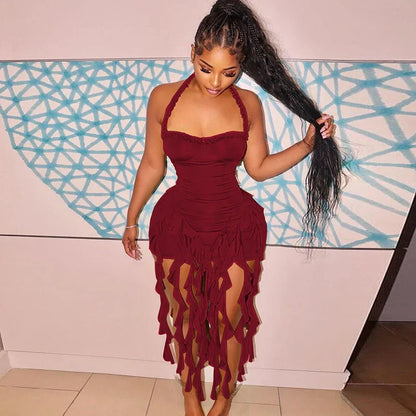 Elegant Halter Solid Ruffles Backless Taseel Sexy Slim Mini Dress Spring Women Cute Outfits Birthday Party Vacation