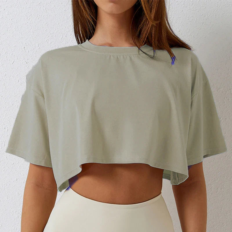 Camiseta Esportiva Feminina de Algodão Manga Curta Dança Corrida Yoga Fitness Cropped Top Mostrando o Umbigo Novo Solto para Academia