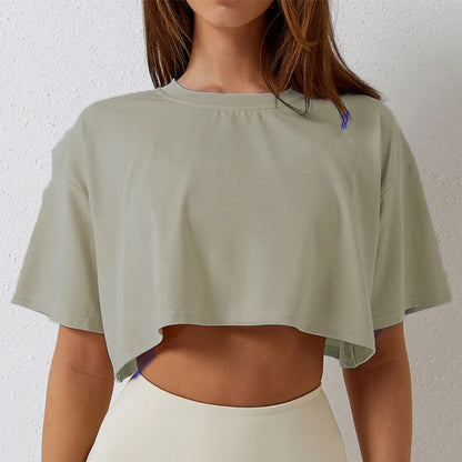 Camiseta Esportiva Feminina de Algodão Manga Curta Dança Corrida Yoga Fitness Cropped Top Mostrando o Umbigo Novo Solto para Academia