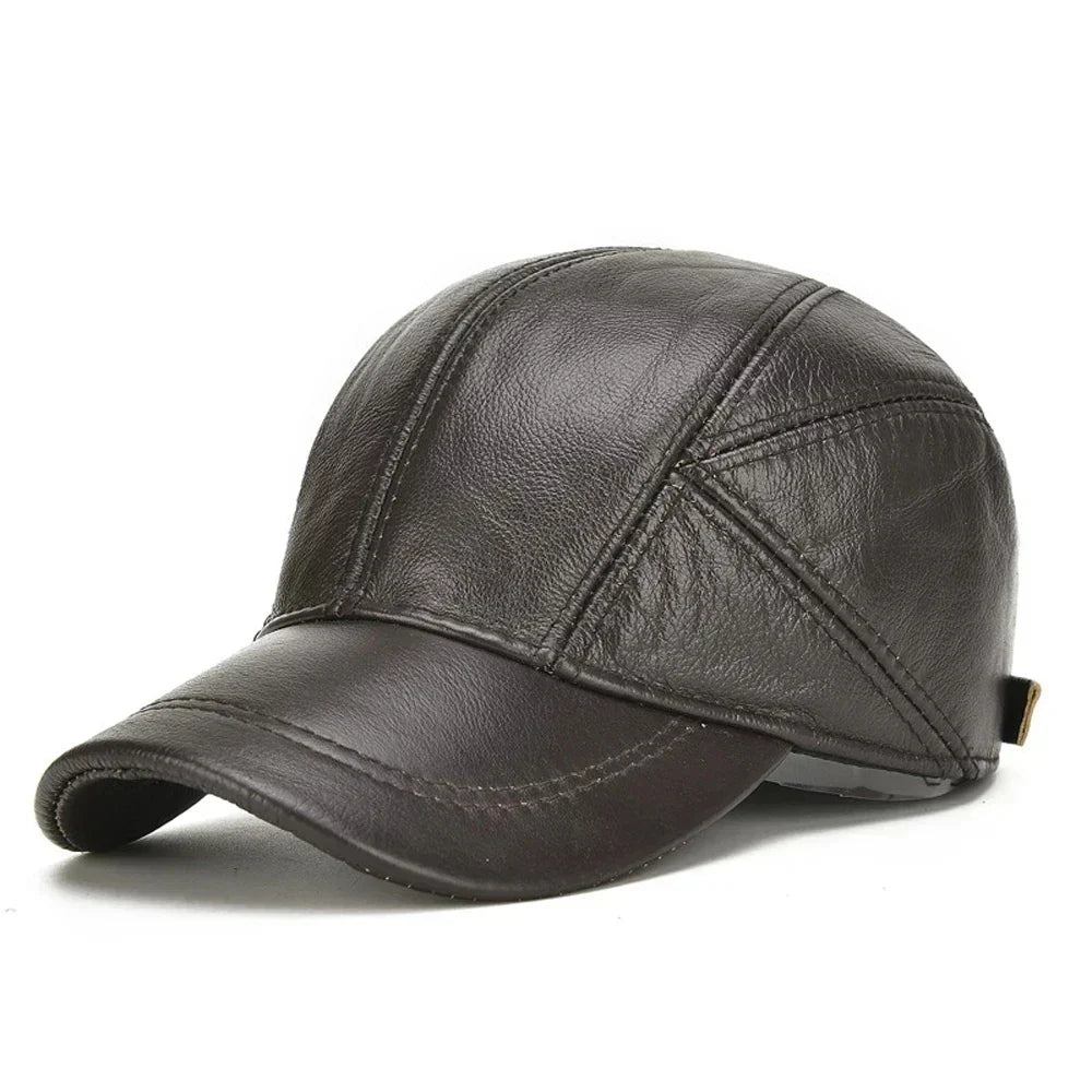 New Style Casual Real Leather Earflap Cap Men Real Cowhide Leather Caps Male Fall Winter Genuine Real Cow Leather Baseball Hats