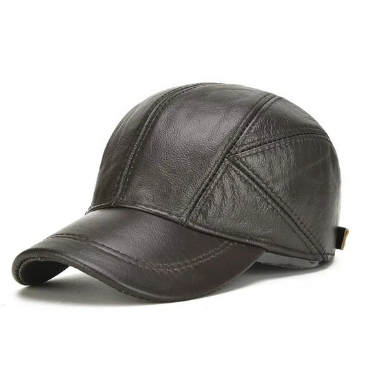 New Style Casual Real Leather Earflap Cap Men Real Cowhide Leather Caps Male Fall Winter Genuine Real Cow Leather Baseball Hats