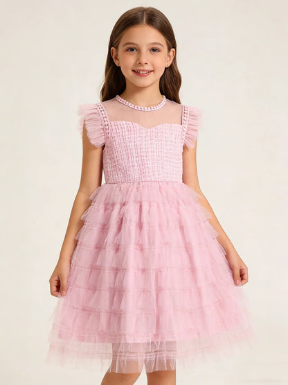 Summer Large And Medium Size Girl's Sleeveless Round-Neck Netting Patchwork Dress Sweet Dreamy Cake Puff Skirt Dress