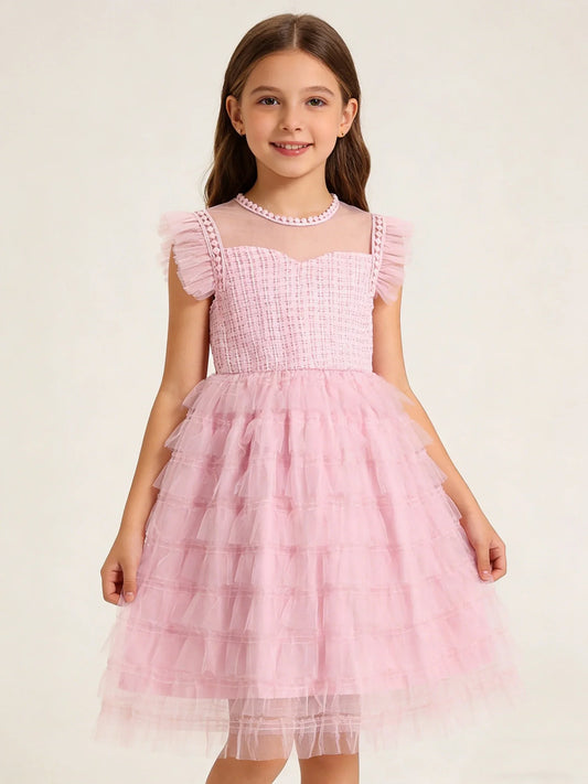 Vestido de Verão para Meninas Grandes e Médias, Sem Mangas, Gola Redonda, com Recortes em Renda, Vestido Doce de Saia Rodada Estilo Bolo Sonhador