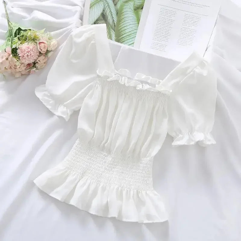 Short Chiffon Shirt Square Neck Top Puff Sleeve Design Women's Short Sleeve Thin Shirt  Womens Blouses Wholesale