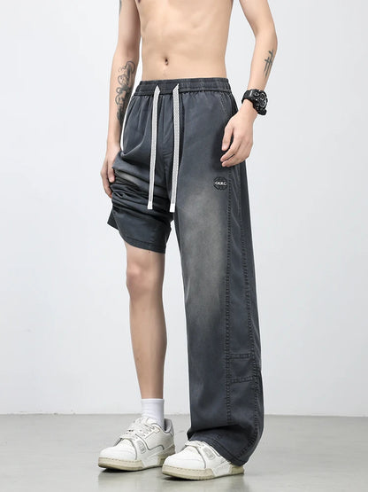 Summer Lyocell Men's Jeans Soft Elastic Washed Casual Pants Loose Lightweight Embroidery Wide Leg Straight Denim Trousers
