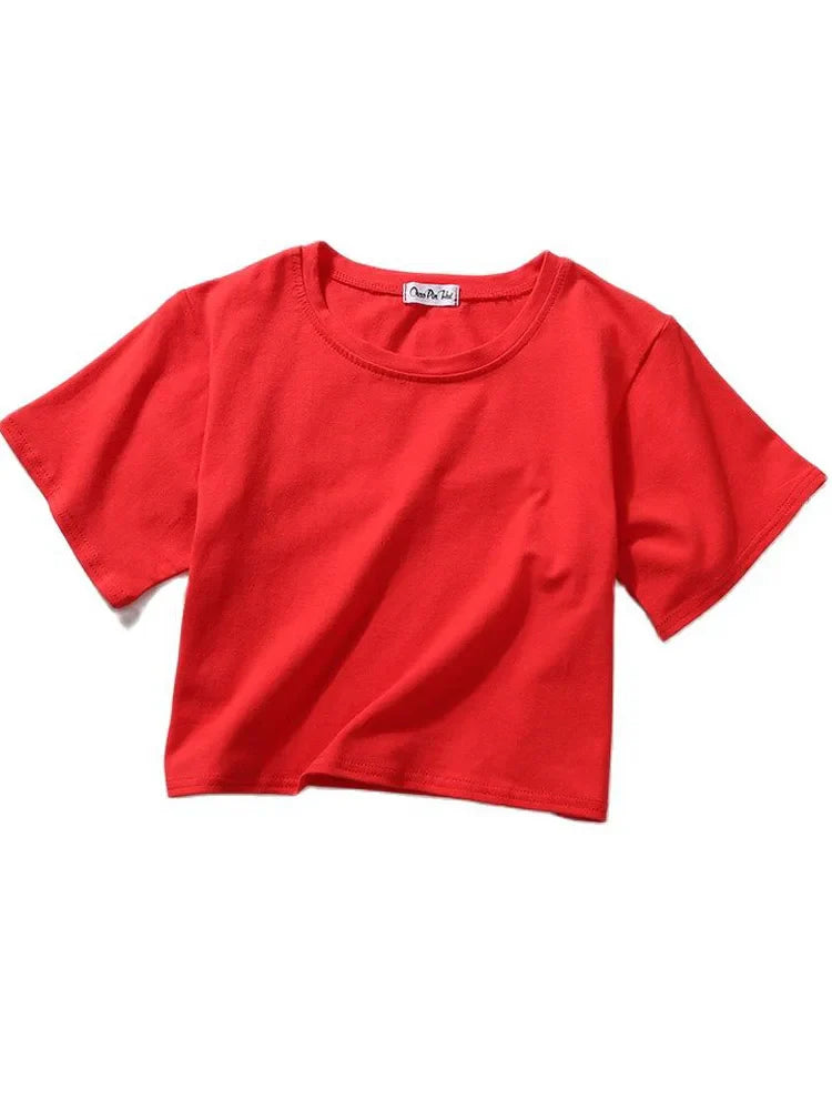 Summer Short Sleeve T Shirts Women  Solid T-shirt O Neck High Waist Crop Top Tee Female Casual Loose T Shirt