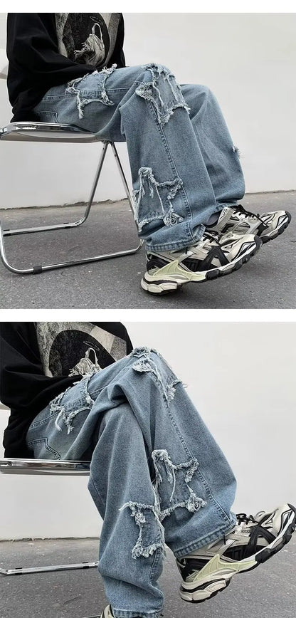 2025 New Fashion Stars Towel Embroidery Brown Men Jeans Pants Y2K Clothes Straight Hip Hop Cotton Trousers Pantalon Homme