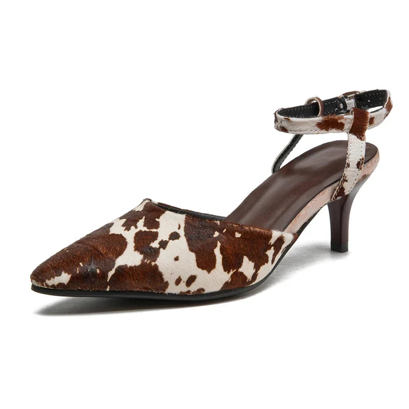 Women Sandals Genuine Leather Summer Women Mid heels Horse Leather Leopard Print Women Sandals Large Size Pointed Toe