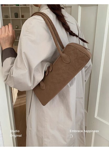 Vintage Suede Long Shoulder Bag 2026 New Women Shoulder Bag Luxury Ladies Handbag Female Commuter Shopping Underarm Bag