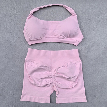 Shorts Set 2 Pieces Seamless Yoga Set Workout Tracksuit Women Halter Sport Bra And Low Waist Scrunch Bum Gym Shorts Suits
