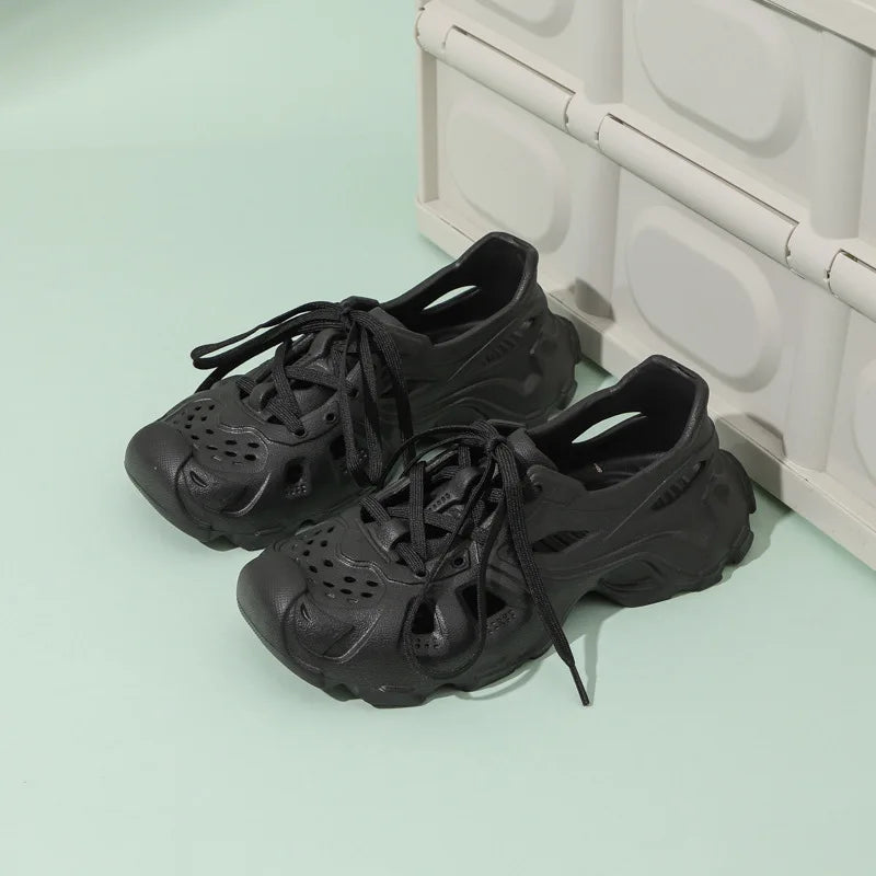 Kids Summer Breathable Comfort Shoes Lightweight Adjustable Strap Slip on Shoes Lace Up Non-slip Thick Bottom Pure Color Sandals