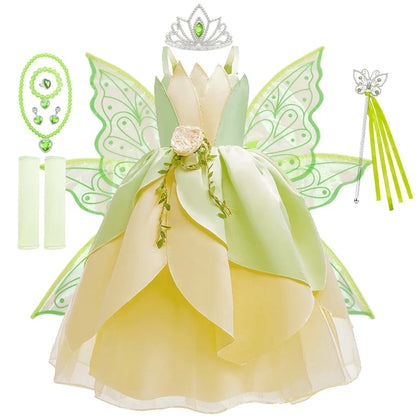 Kids Girl Tiana Dress for Girls Birthday Party Halloween Ball Gowns Evening Birthday Fancy Layered Costume Floral Fairy Clothing