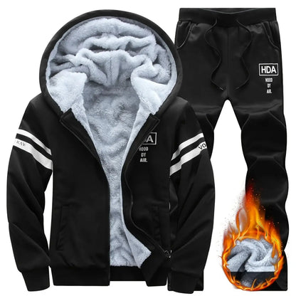 Men's autumn and winter sports and leisure suit set with fleece hoodie, men's autumn and winter thick oversized hooded jacket, t