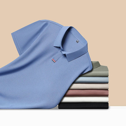 High quality brand solid color V-neck short sleeve polo shirt men summer fashion simple casual ice silk breathable lapel T-shirt