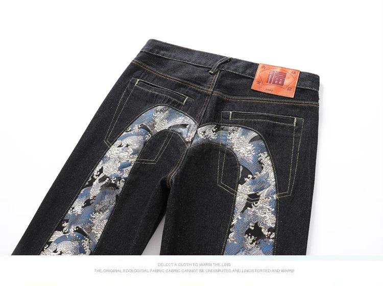 Men's Japanese Handmade Embroidered Cotton Jeans Straight Tube Slim Fit Hip-Hop Trousers Red Ear Detail Devil Big M Golden Text