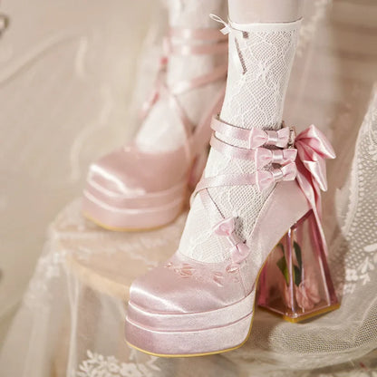 Original Lolita Red High Heels Women's Sweet Elegant Bow Velvet Mary Jane Shoes Ladies Birthday Party Cos Platform Shoes Spring