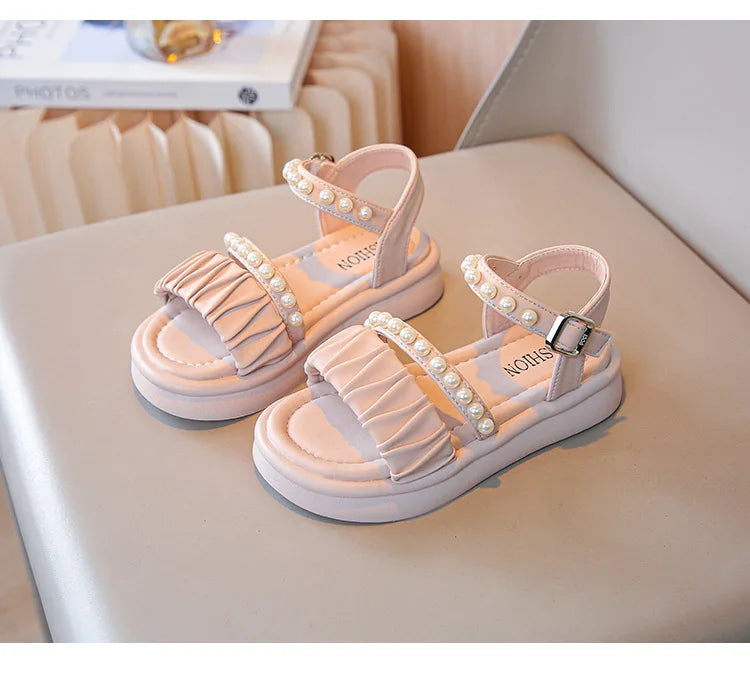 Girls Sandals Kids Summer Shoes Children's Beach Sandals with Pearls Princess Sweet Anti-slippery Open Toes Lace Chic Beading