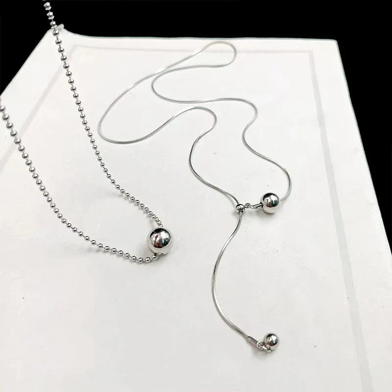 Personality Stainless Steel Beaded Ball Pendant Necklace for Women Silver Color Double Layer Hip Hop Rock Chokers Jewelry