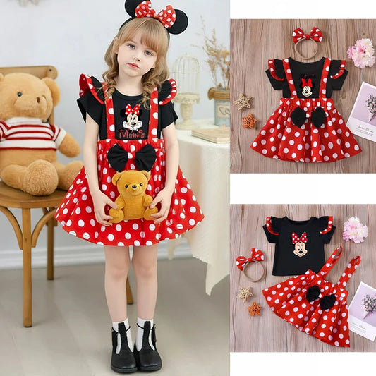 Minnie Mouse Girl Set Children Dress Baby Clothing Set Summer Birthday Costume Polka Dot Suspender Skirt Bow Headband skirt suit