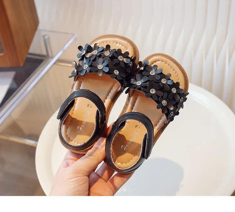 Little Girls Floral Bohemian Sandals with Beads Princess Sweet Kids Summer Shoes Open Toes Anti-skid Size 22-31Hook & Loop Cute