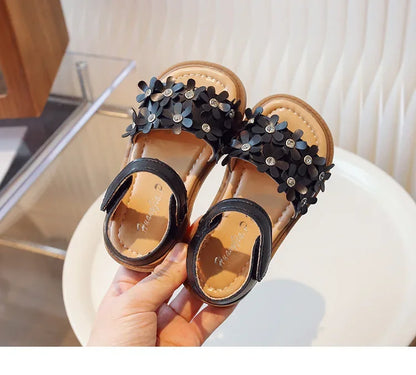 Little Girls Floral Bohemian Sandals with Beads Princess Sweet Kids Summer Shoes Open Toes Anti-skid Size 22-31Hook & Loop Cute