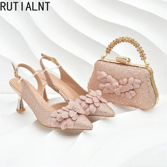 New Arrival Nigerian Women Heel Party Shoes and Bag Set Rhinestone Handbag Italian Design Luxury Wedding Shoes for Bride